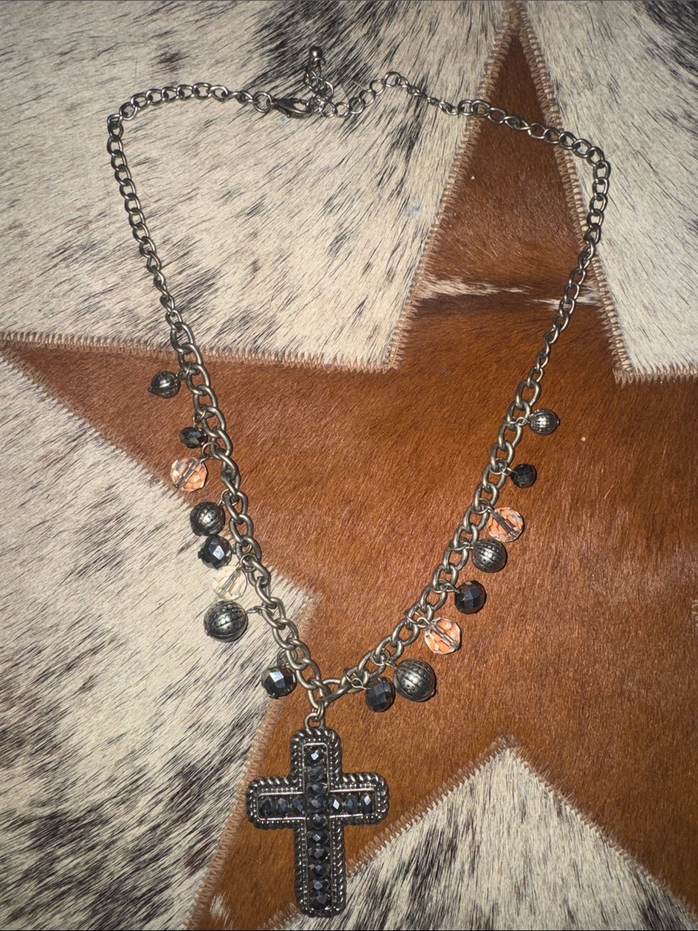Women's Gunmetal Cross Pendant Necklace with Black and Peach Accents